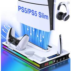 GAMSINGY PS5 Ständer mit Lüfter, Standfuß für Disc/Digital Edition, Headset Halterung/ Controller Ladestation/ Fernbedienung Solt/3 USB Hub, Zubehör für Playstation 5 Konsole