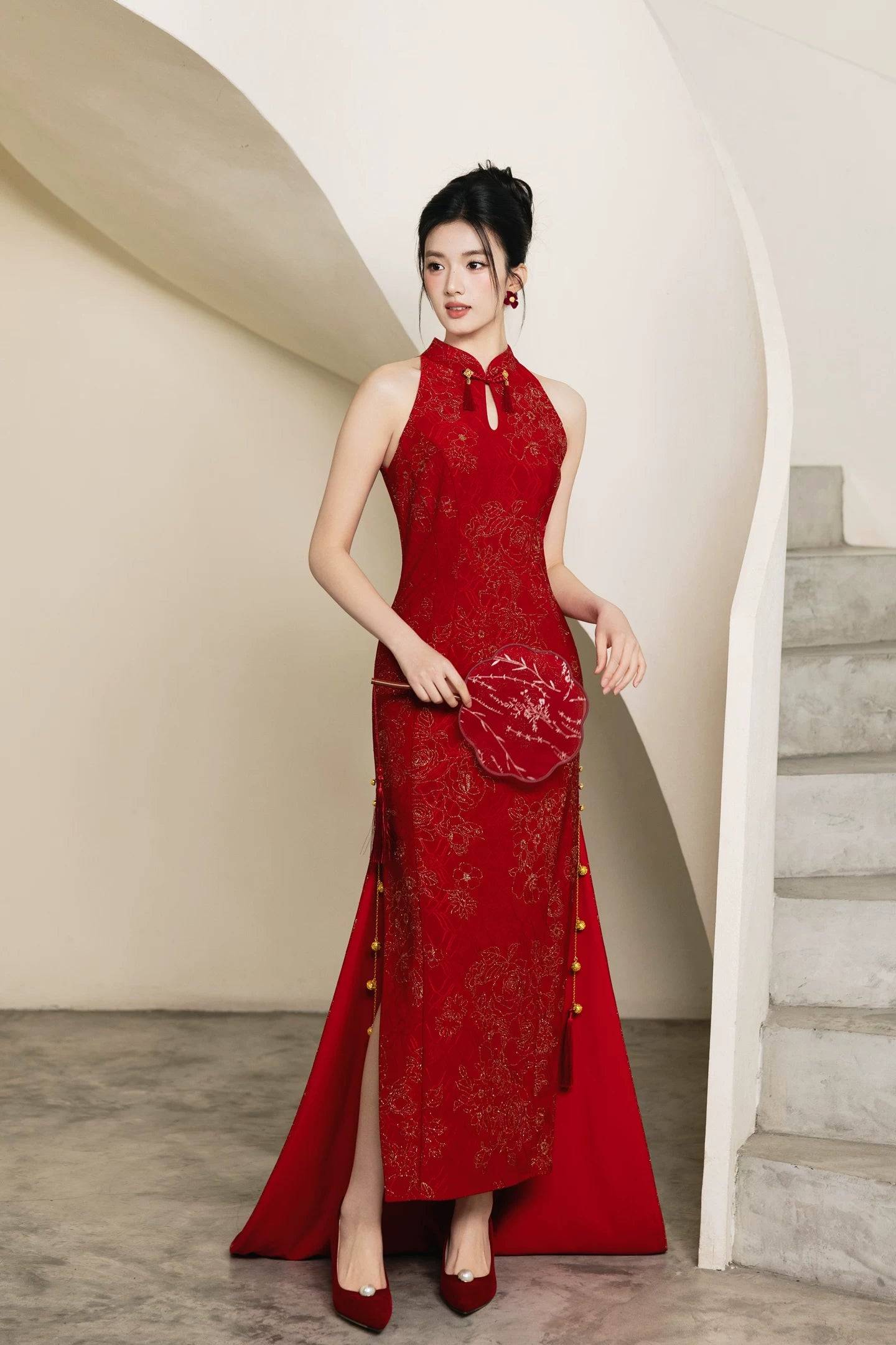 Xijiayin Red Trailing Cheongsam | Chinese Bridal Wedding Qipao with Cloud Shoulder & Beaded Jacket - Red [Xijiayin] Trailing cheongsam (single cheongsam) / (Cheongsam, coat) L size ((Cheongsam, coat) L size)