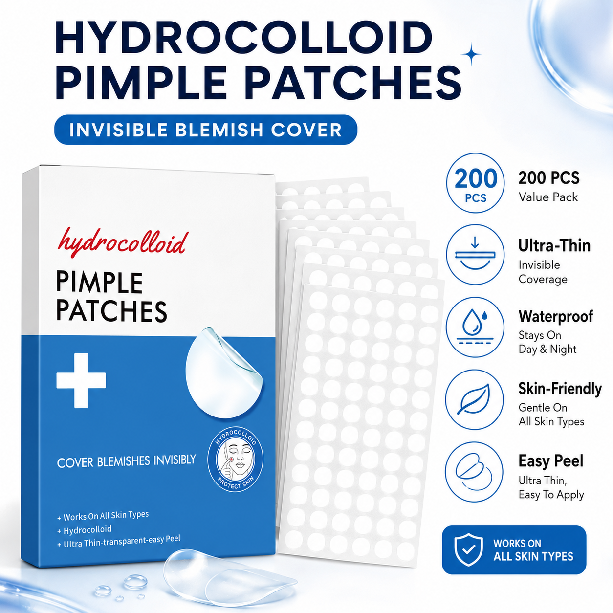 200pcs Hydrocolloid Acne Pimple Patch, Hydrocolloid Spot Stickers, Covering Zits and Defect