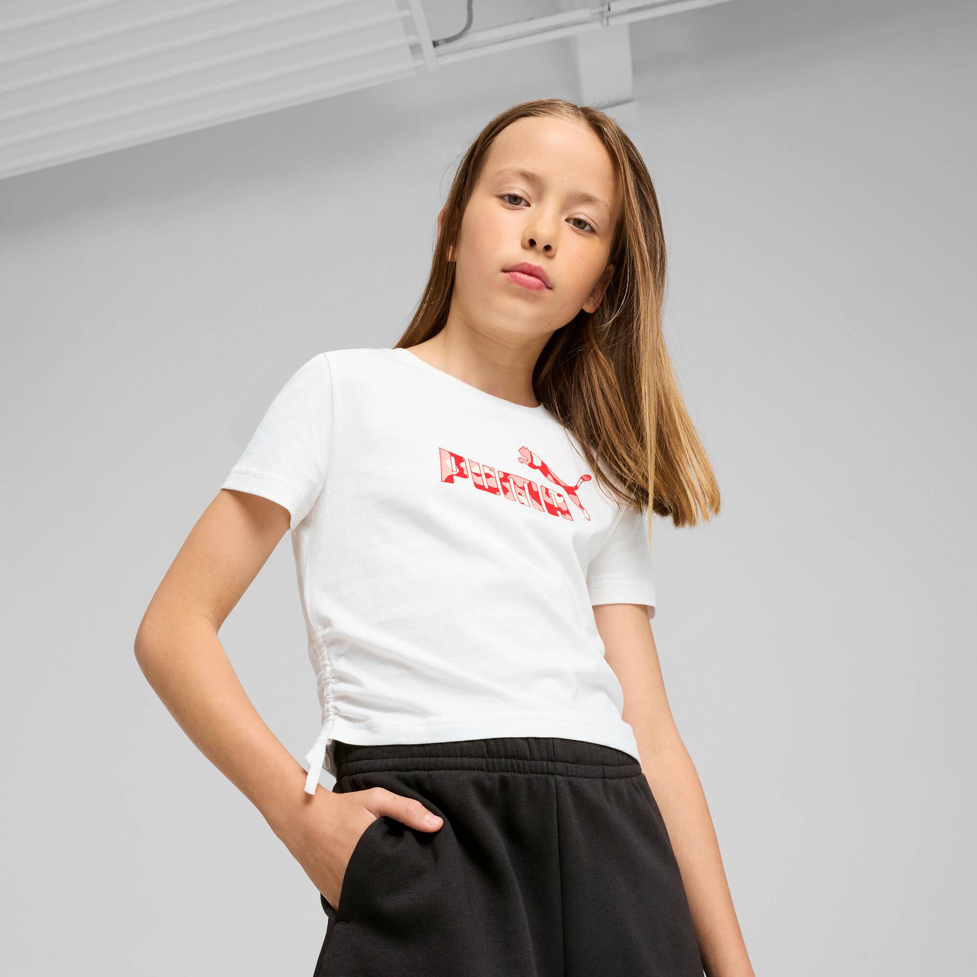 PUMA Essentials Animal Logo Infill Knotted Tee Youth, Clothing, White, 5-6Y