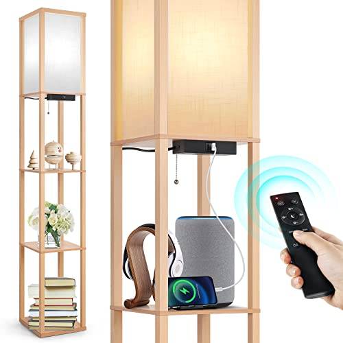 OUTON Stehlampe Regal mit Fernbedienung, Dimmbar & 4 Farbtemperatur Einstellbar, 1H Timer, LED Stehleuchte mit 2 USB Anschlüsse, Stehlampen mit Lampenschirm für Wohnzimmer, Schlafzimmer, Büro, Holz
