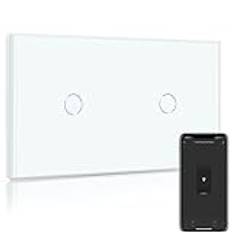 BSEED Smart strömbrytare 1 fack 2-vägs + 1 fack 2-vägs wifi smart strömbrytare fungerar med Tuya och Google Home, glas pekskärmsbrytare vit (neutral tråd) 157 mm