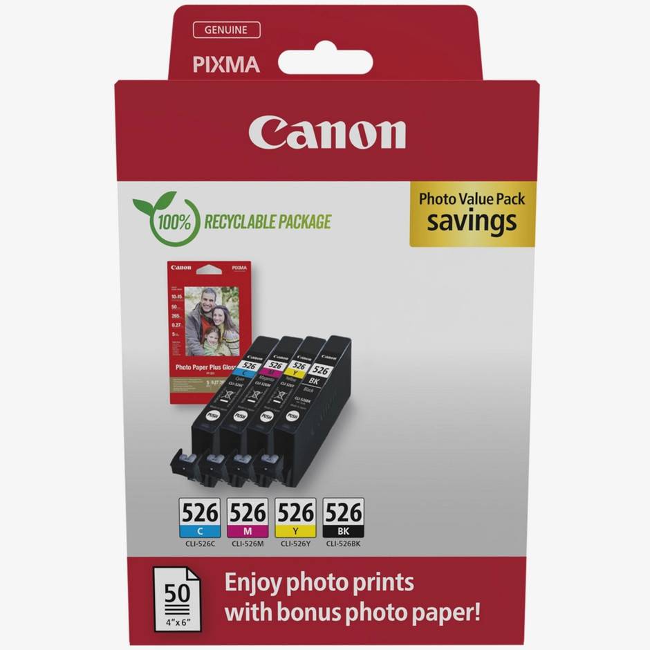 Värdepaket med Canon CLI-526 svart/cyan/magenta/gul bläckpatron + fotopapper