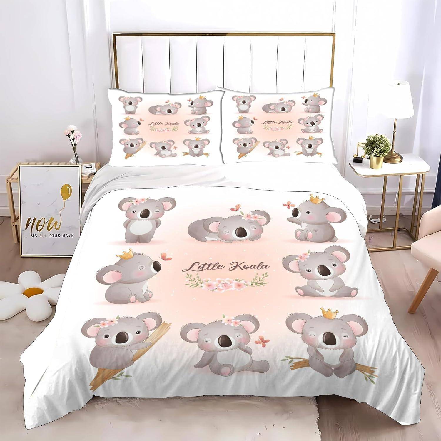 Koala Barnsängset, Koala Djur Tecknad Sängkläder Set För Flickor Och Pojkar 3D Tryck Polyester Zoo Djur Sängkläder Set 175x220cm