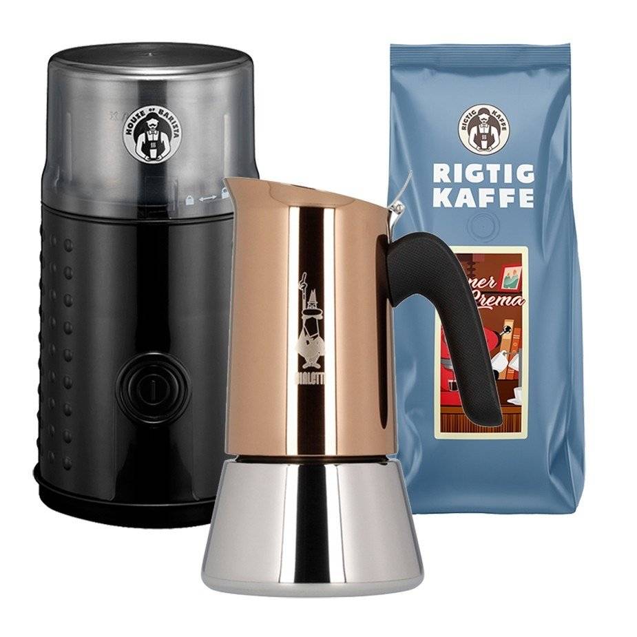 House of Barista Kaffekvarn inkl. Bialetti New Venus 4 koppar Mokabryggare & 500g Super Crema