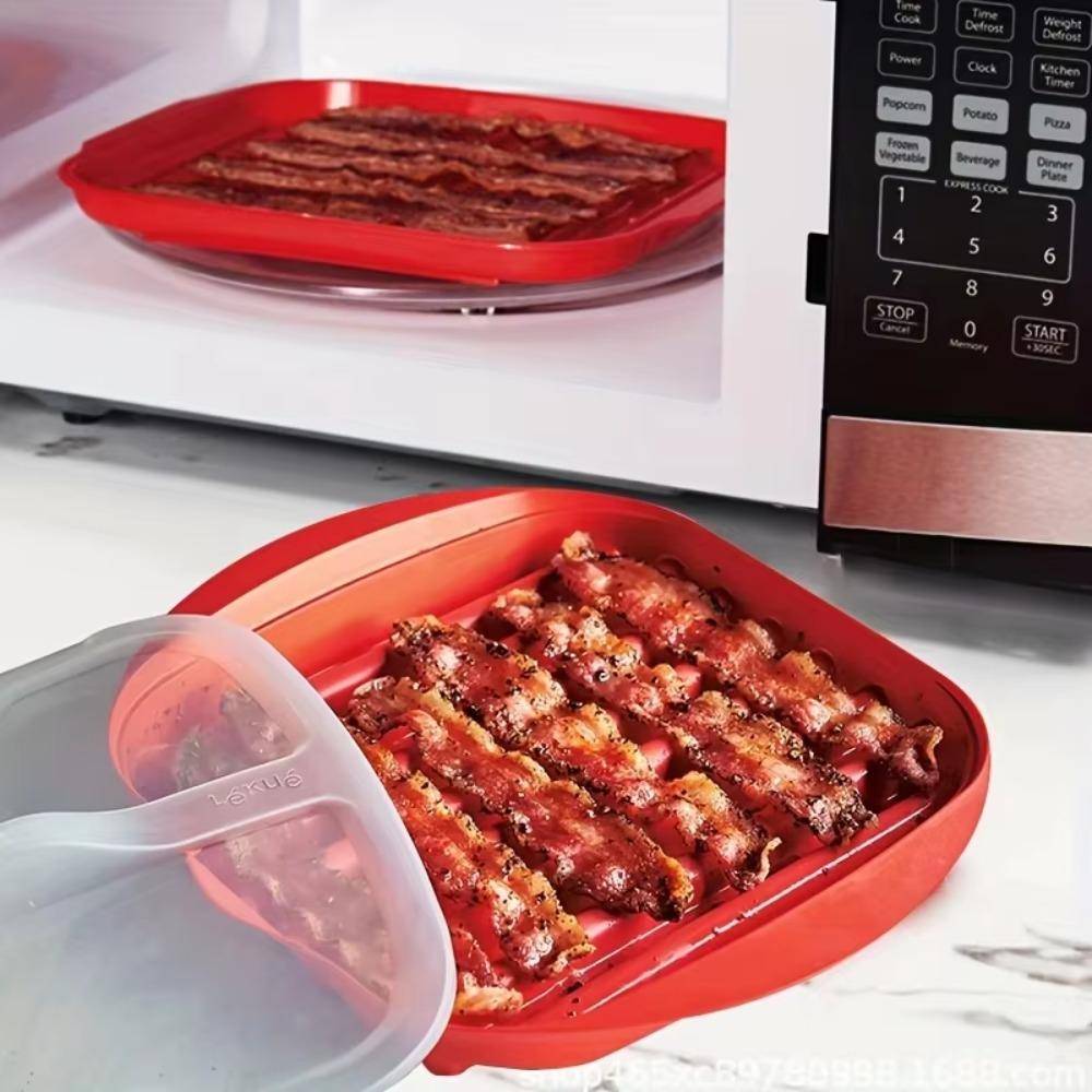 Röd Mikrovågs Baconpanna med Lock Mikrovågs Grillbricka Köksredskap Baconbricka Frukost röd