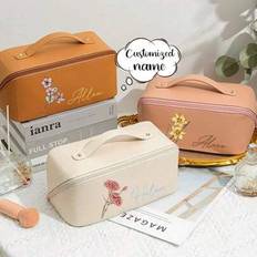 Customized Flower Element Painting Personalized Text Makeup Bag Exclusively For You, Portable PU Waterproof Large Capacity Makeup Bag, Customized Brid - Multicolor
