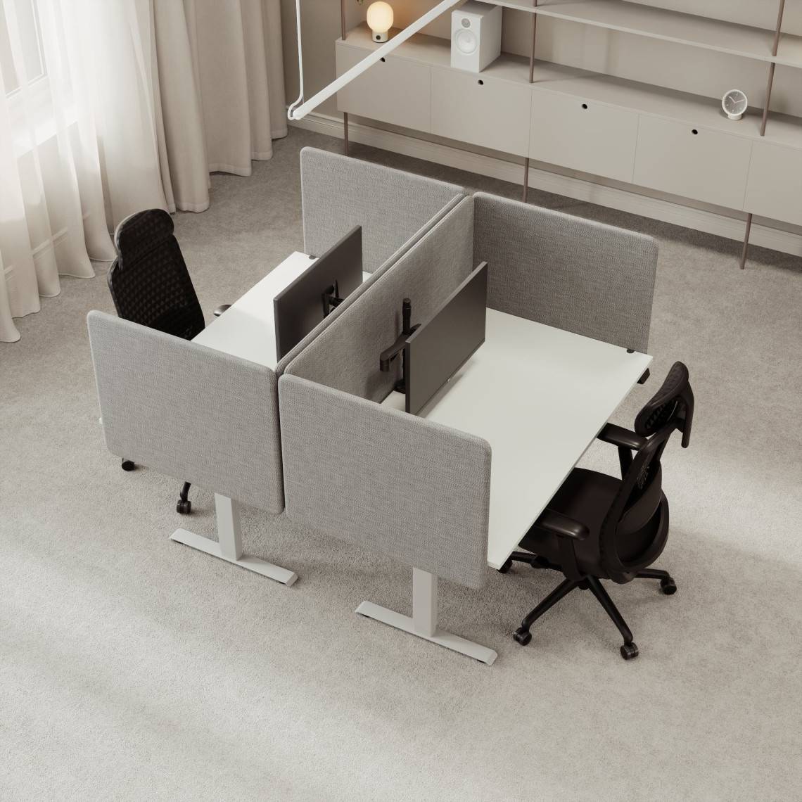 Komplet arbejdsplads, Kabelhåndtering Ja, Bordpladens størrelse 160 x 80 cm, Lampe Nej, Monitorarm Ja, Udseende Light Grey, Antal pladser 2.