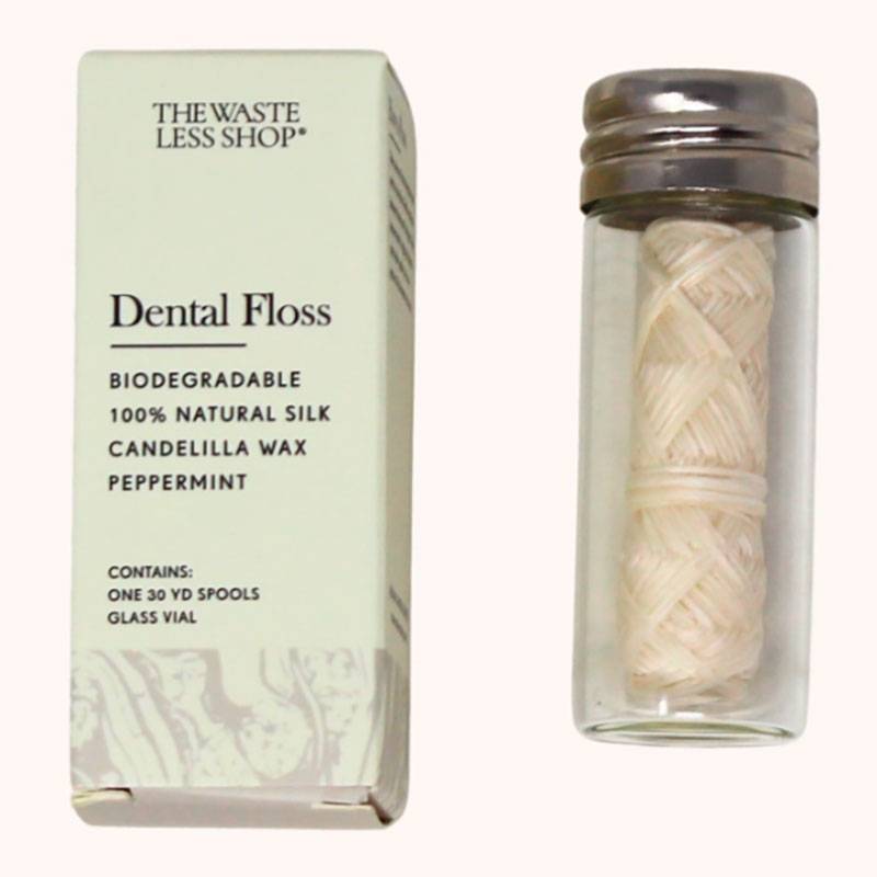 Naturlig Silke Tandtråd THE WASTE LESS SHOP 27 mtr. + Glasdispenser