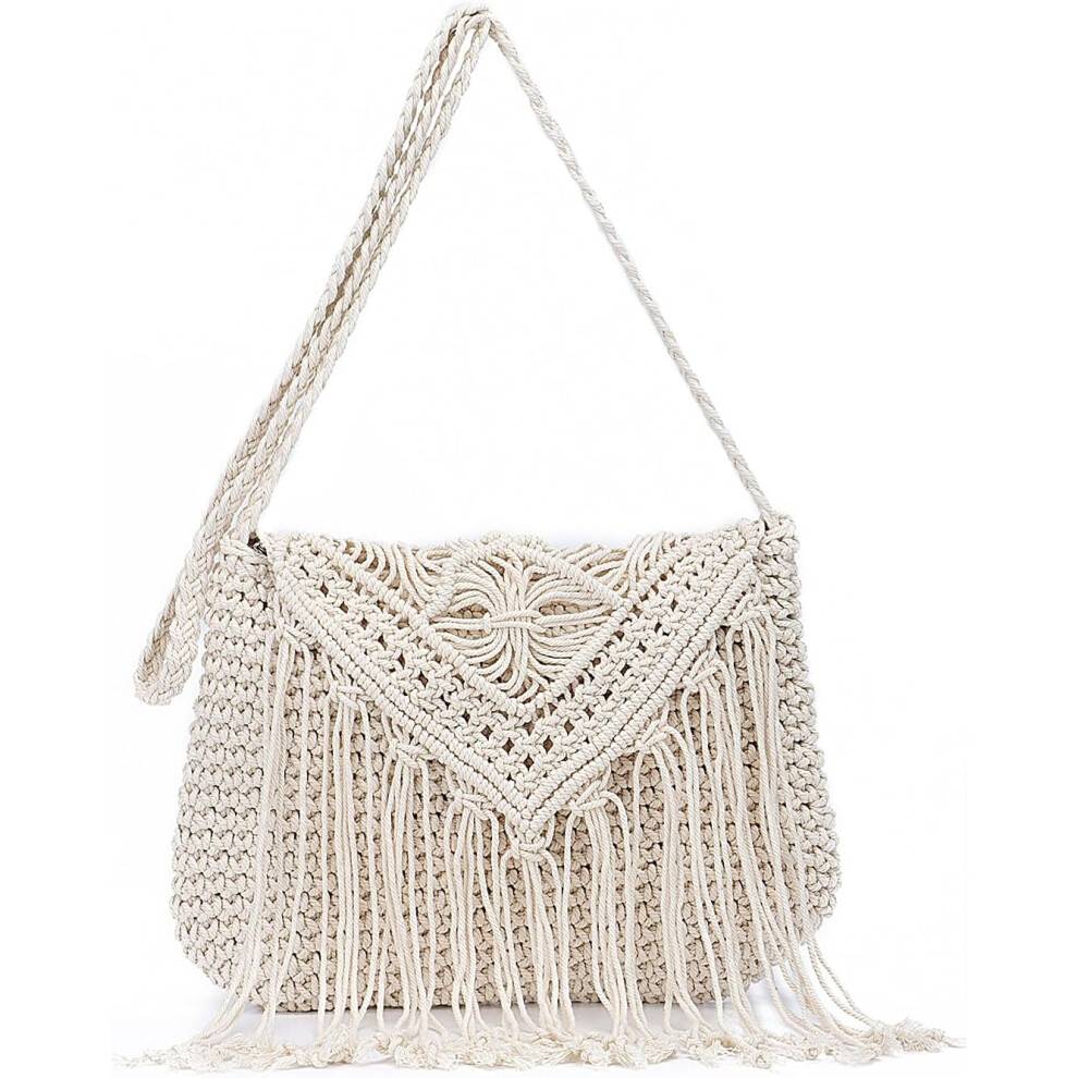 Retro hæklet crossbody-skuldertaske til kvinder vævede frynser hobo-tasker sommerstrand håndlavet pung