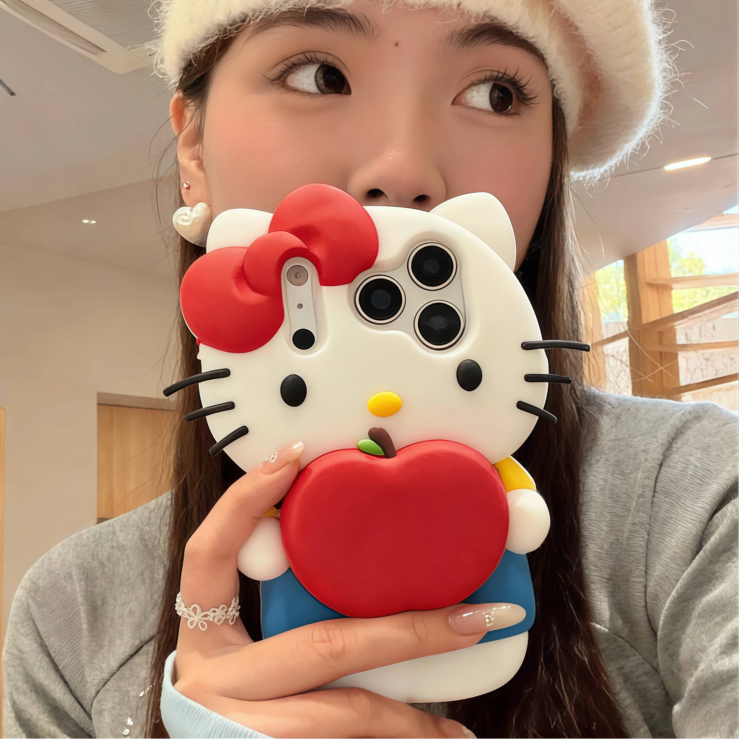 Cute Cartoon Apple Holder Hello Kitty Phone Case For iPhone 17 16 15 14 13 12 Pro Max Plus 17 Pro Soft Silicone 3D Phone Cover