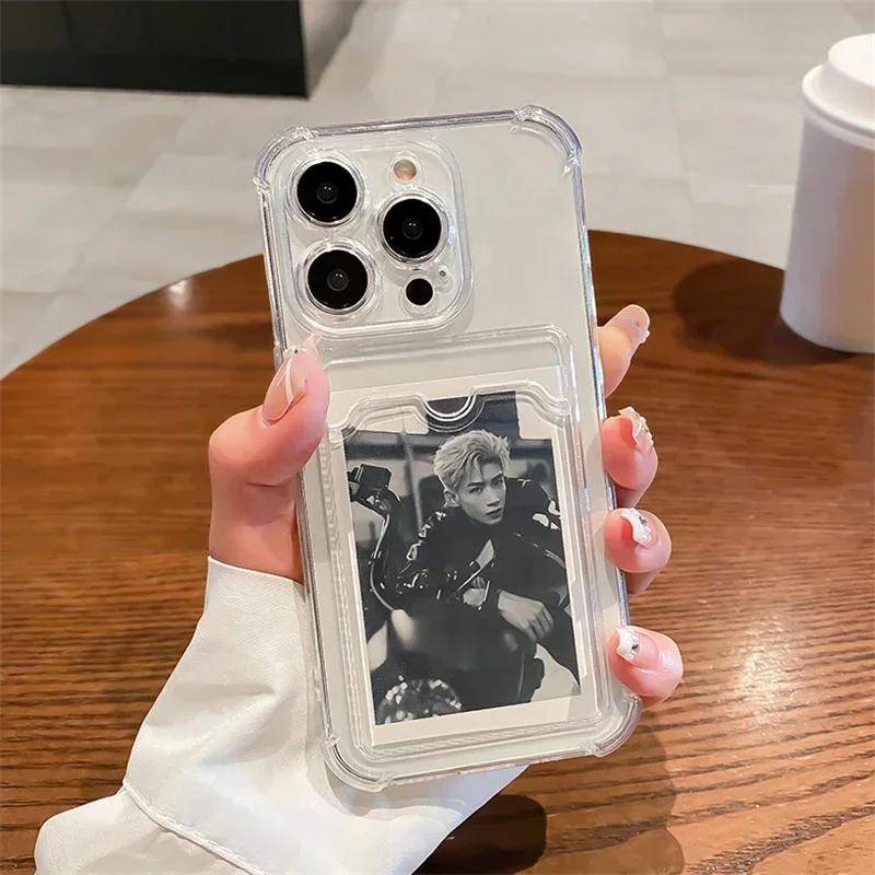 Genomskinlig Fack för Kort Hållare Fodral För iPhone 16 15 14 13 12 11 Pro Max Plus 13 Mini 16e Genomskinlig Plånbok Stötsäker Mjukt Skydd