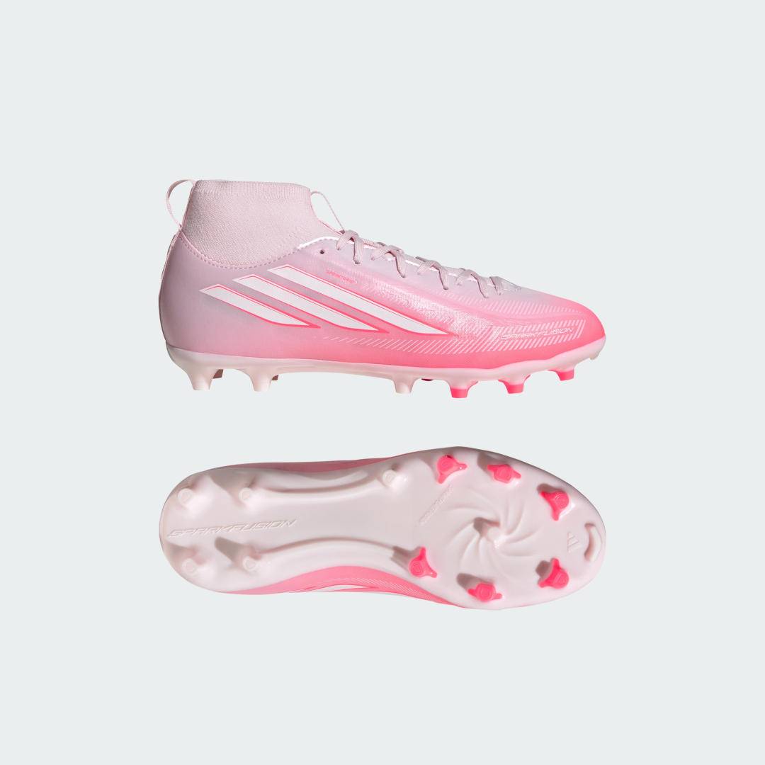 F50 SPARKFUSION LEAGUE Mid Cut Firm Ground / Artificial Ground Football Boots Kids - Solar Turbo / Cloud White / Distilled Pink - 35 1/2