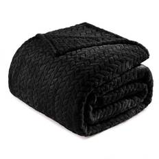 Exclusivo Mezcla Drottning storlek jacquard väv löv mönster flanell fleece sammet plysch säng filt som sängöverkast/sängöverdrag (230 x 230 cm, svart) - mjuk, lätt, varm och mysig