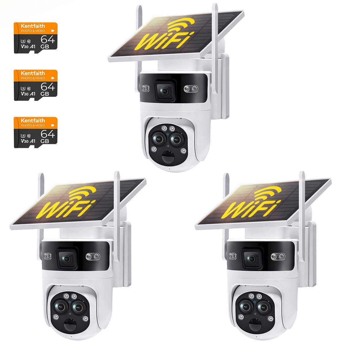 KENTFAITH WiFi 3 Lens Solar Security Camera Wireless Outdoor, 6MP Full HD Video, 360° View Pan/Tilt Home Security Camera with Color Night Vision, Easy to Install, PIR Alarm, 3pcs, Kentfaith
