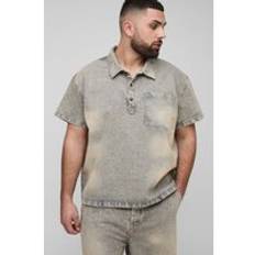 Mens Ecru Plus Oversized Washed Denim Short Sleeve Rugby Shirt