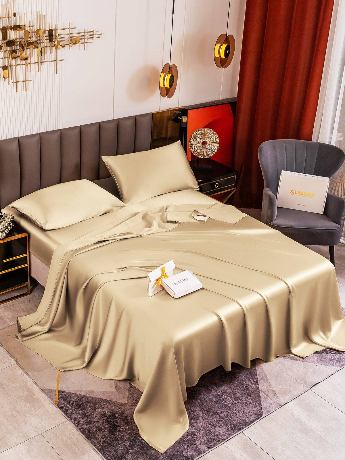 19Momme 4st Siden Sängkläder Set (Dra-På-Lakan & Platta Lakan + 2x Örngott) - Beige / 1.6m Säng