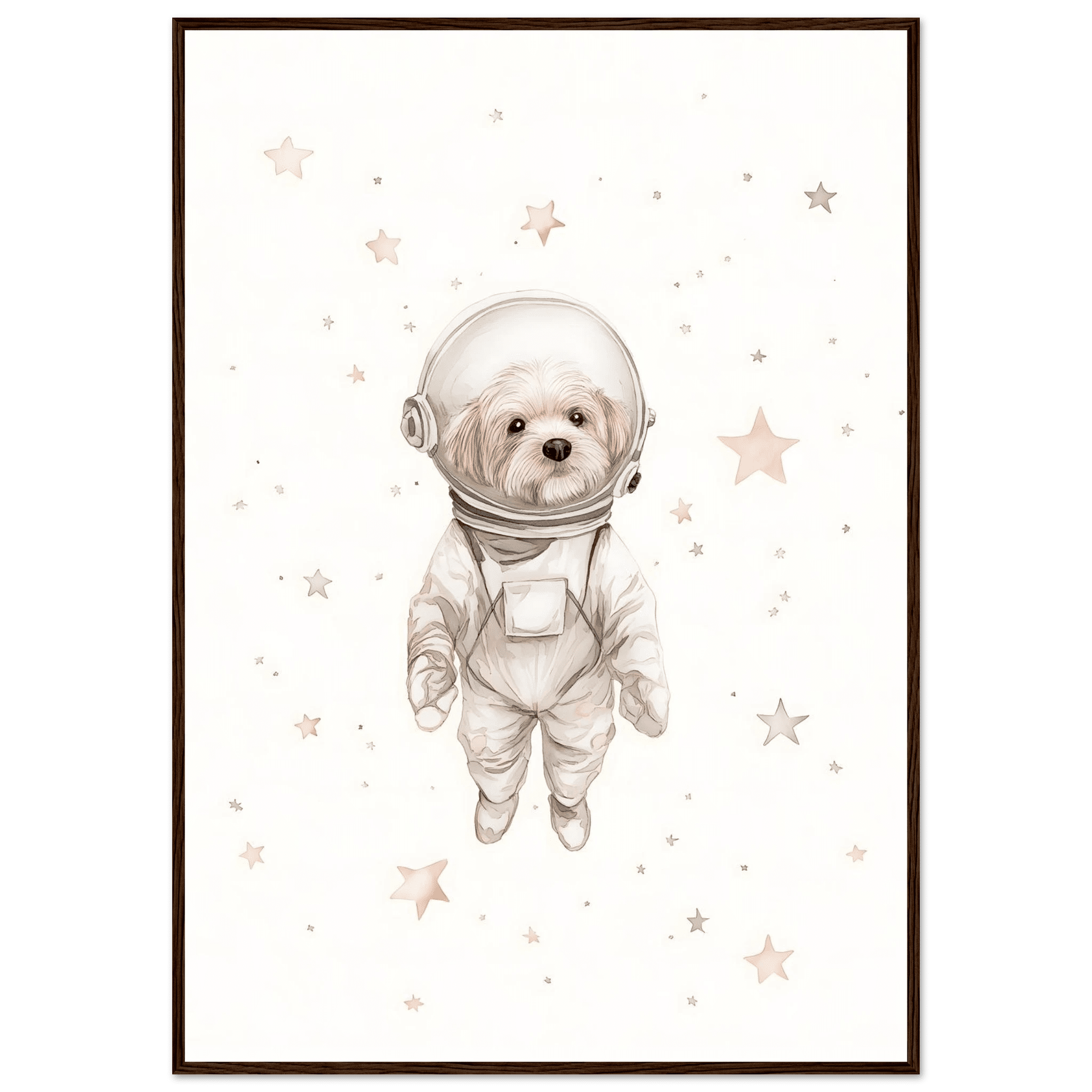 Hund i rymden poster-70x100 cm / 28x40″ / Med ram / Mörkt trä