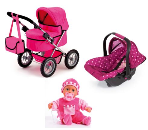 Bayer – Dukke First Words Baby + Dukke Autostol + Dukkevogn Trendy - Pink - Fri fragt og klar til levering - Prismatch