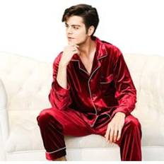 Siden satin herr pyjamas set mjuka fasta nattkläder långärmade byxor hemkläder bekväma nattlinne set pyjamas 2 st - 220 vinrött / Xl
