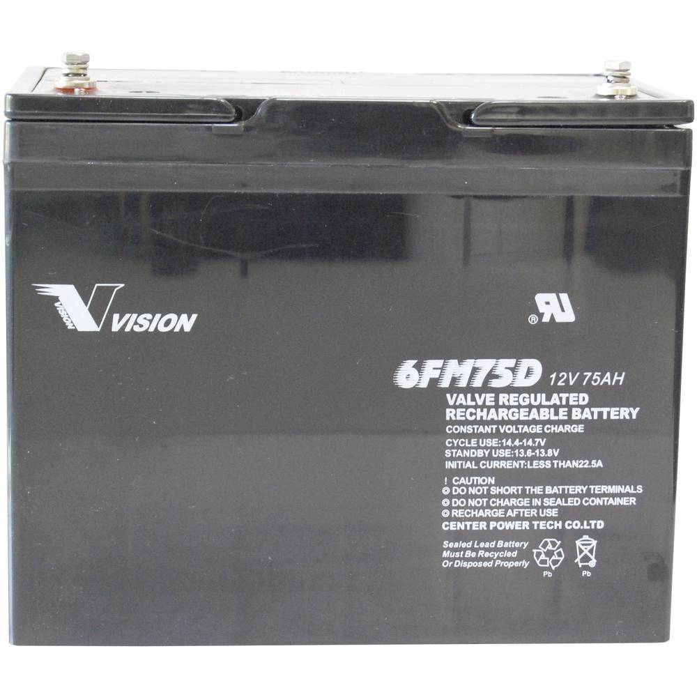 Vision Akkus 6FM75DX Blybatteri 12 V 75 Ah Bly AGM (B x H x D) 258 x 215 x 166 mm M6-skruvanslutning Underhållsfri, Urladdningssäkra