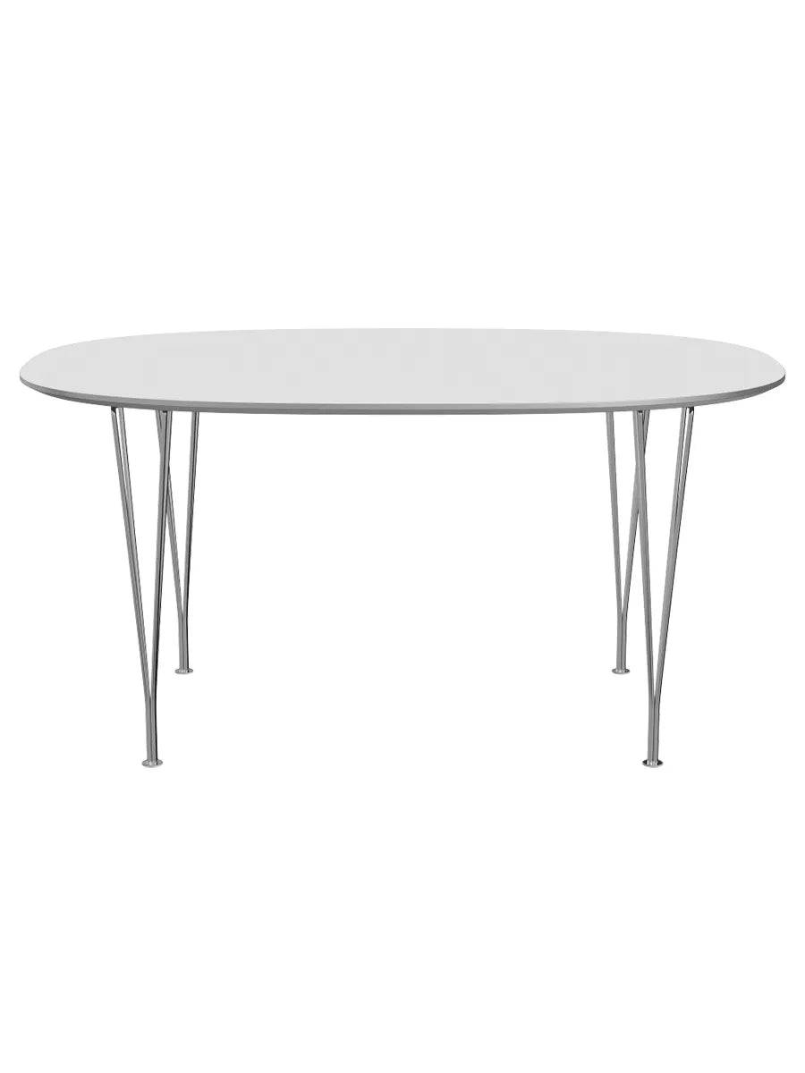 Piet Hein B612 Superellipse spisebord, 150 x 100 cm fra Fritz Hansen Hvid laminat m. alukant - Krom stel - Jacobsen Plus