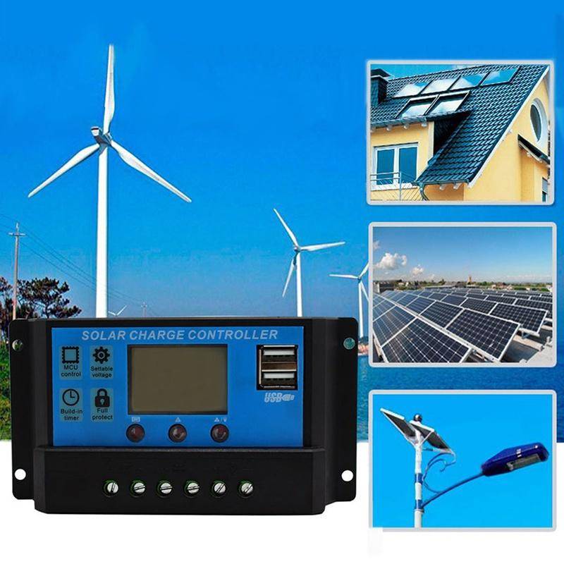 Solpanelskontroll 12V/24V Justerbar LCD-skärm Solpanels batteriregulator med dubbla USB-portar 10A-100A