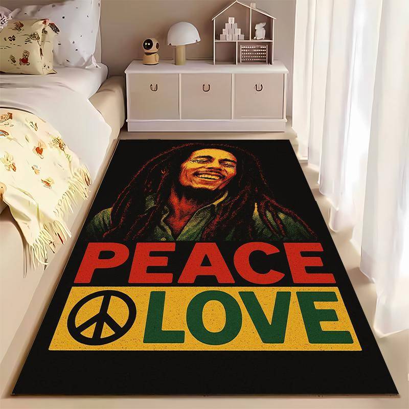 Reggae Music Area Rug, Bob Marley Peace Love Rasta Colours Black Background Print, Reggae Rasta Fan Decor, Non-Slip Mat