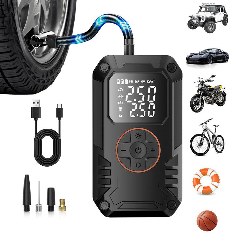 Tire Inflator Portable Air Compressor - Cordless Air Pump With Digital Tire Pressure Gauge, 3x Fast Inflation, Accurate Dual Lcd Display & Led Light For Car Motorcycle E-