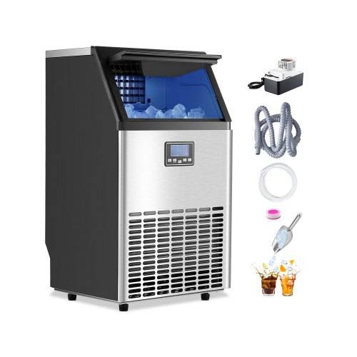 VEVOR 100lbs/24H Commercial Ice Maker Machine, 33lbs Storage Capacity Ice Maker with Drain Pump, 45 Ice Cubes in 15 Minutes, LED Digital Display Freestanding Self-Cleaning for Bar Office Restaurant