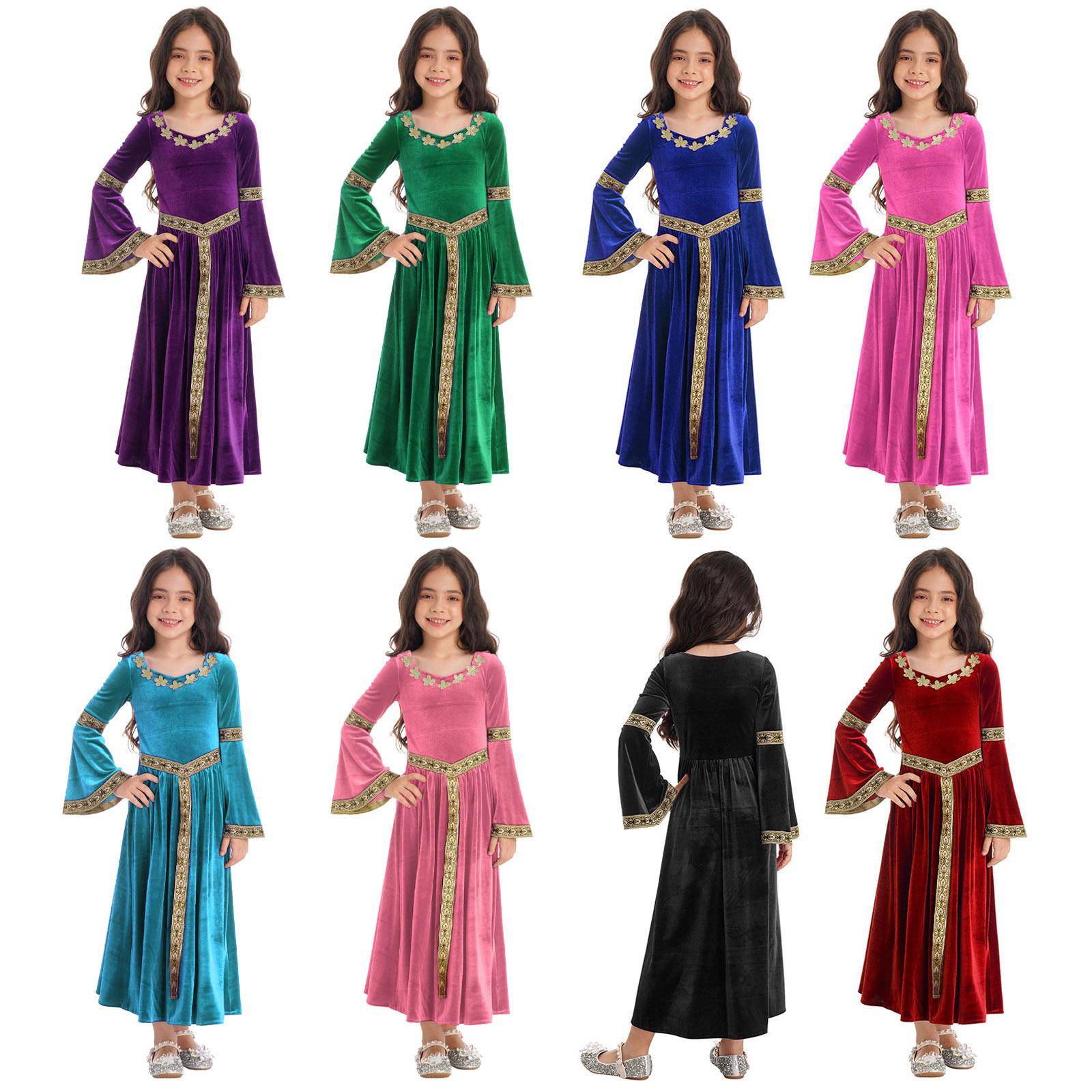 Barn Flickor Viktoriansk Medeltida Prinsessklänning Halloween Cosplay Kostym Renässans Irisk Deluxe Sammet Klockärm Långklänningar cm
