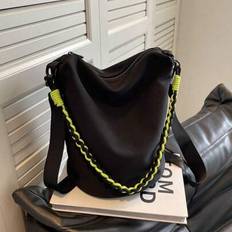 1pc Minimalist Solid Color Drawstring Bucket Bag, Zipper Closure, Lightweight & Foldable, Unisex Casual Crossbody Bag With Colorful Strap, Suitable Fo - Black