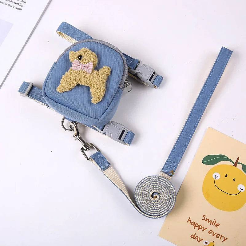 Cartoon Print Cat & Dog Harness with Leash Set and Snack Bag - Blue Dog / L-suit 5-8kg / SPC (L-suit 5-8kg)