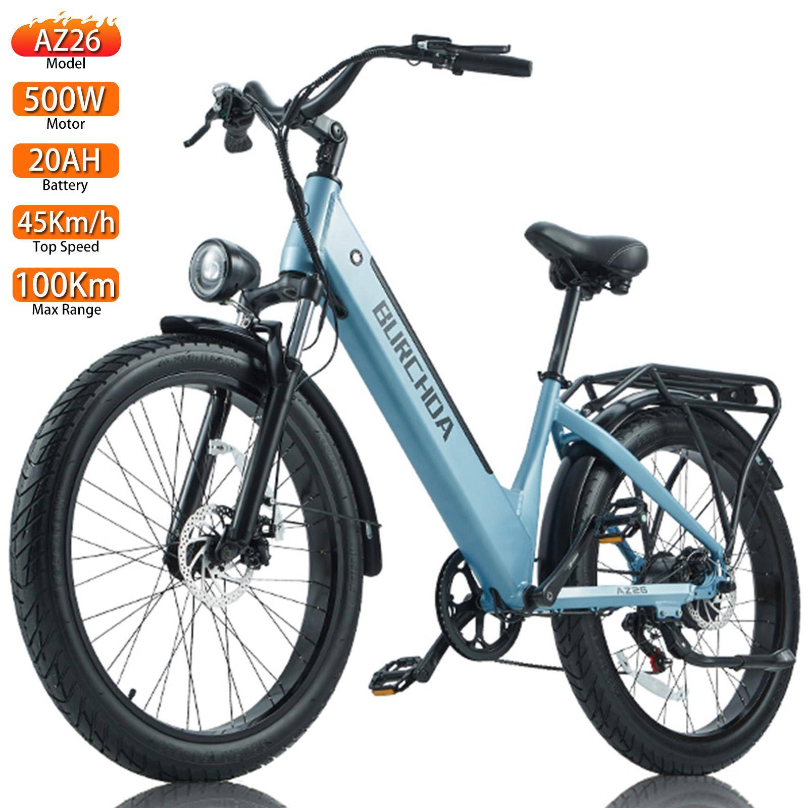 Burchda AZ26 Elcykel 500W Motor 26  Hjul Stadscykel Elcykel 48V 20Ah Dubbla Skivbromsar 7 Växlar Max Räckvidd 100 km grå