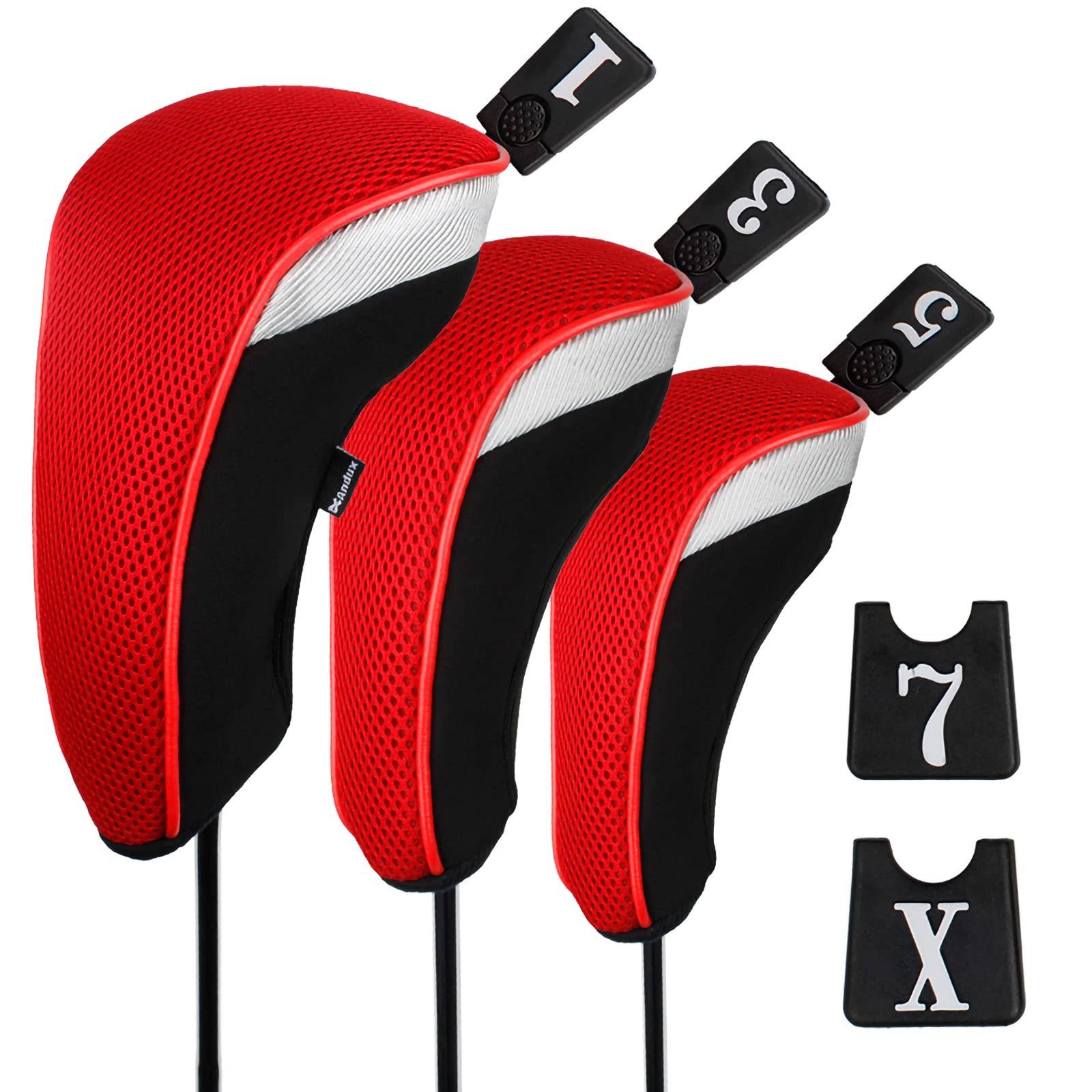 Andux Golf Wood Driver Headcovers with Interchangeable Numbered Set of 3 Tags, (Black/Red)