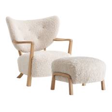 &Tradition - Wulff Lounge Chair ATD2 & Pouf ATD3, Sheepskin Moonlight, Oak - Fåtöljer - Vit - Trä/Textilmaterial/Syntetiskt/Skum