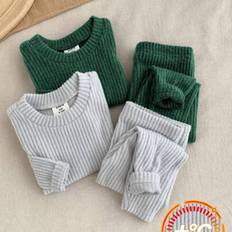 4st Baby Boy Snug Fit Grå & Grön Solid Comfort Crew Neck Långärmad T-shirt och byxor Mjuk fleece Varma sovkläder set, höst/vinter (2Y,3Y,9-12M,12-18M,18-24M)