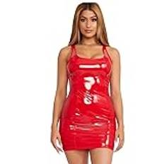 THSCWY Konstläder latex festklubb klänning kvinnor sexig rund hals PU-läder tank miniklänningar bodycon för kvinnor, Röd, L