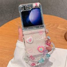 Söt koreanskt 3D Laser Heart Armband Telefonfodral Kompatibel med Samsung Galaxy ZFlip 5 6 Z Flip3 Z Flip 4 5G Clear Hard Cover - rosa hjärta (Galaxy Z Flip3 5G,Galaxy Z Flip5 5G,Galaxy Z Flip4 5G,Galaxy Z Flip6)
