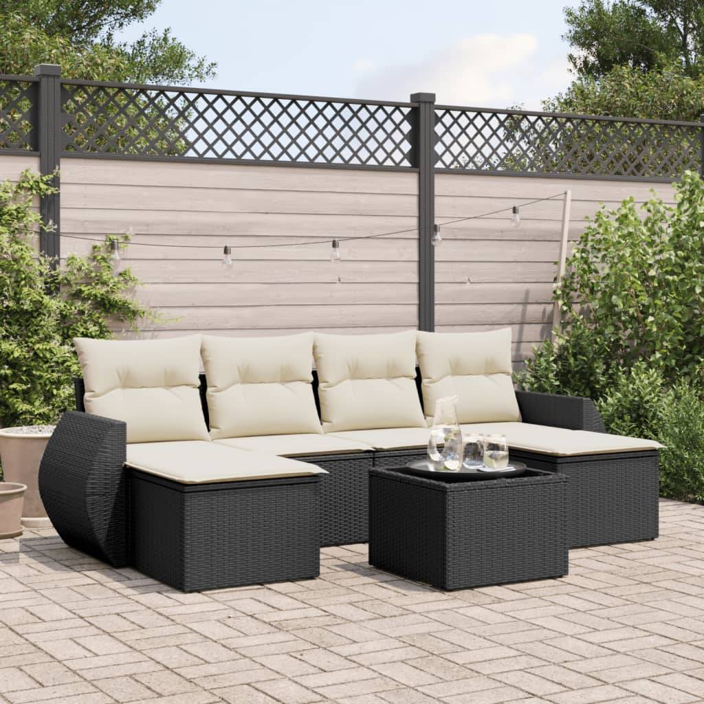 Sofasæt Til Haven 7 Dele Med Hynder Polyrattan - Sort og cremefarvet / Med bord