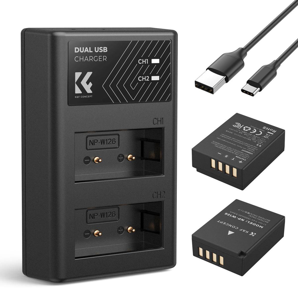 KENTFAITH 1300mAh NP-W126 Battery and Charger for Fujifilm X100VI, X100V, XS10, XT30, XT30 II, XT20, XE4, A5, Dual-Slot Fast Charger, Type-C and Micro-USB Input, 2 Pack Battery