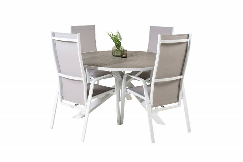 Parma havebord med 4 recliner spisestole i grå og hvid