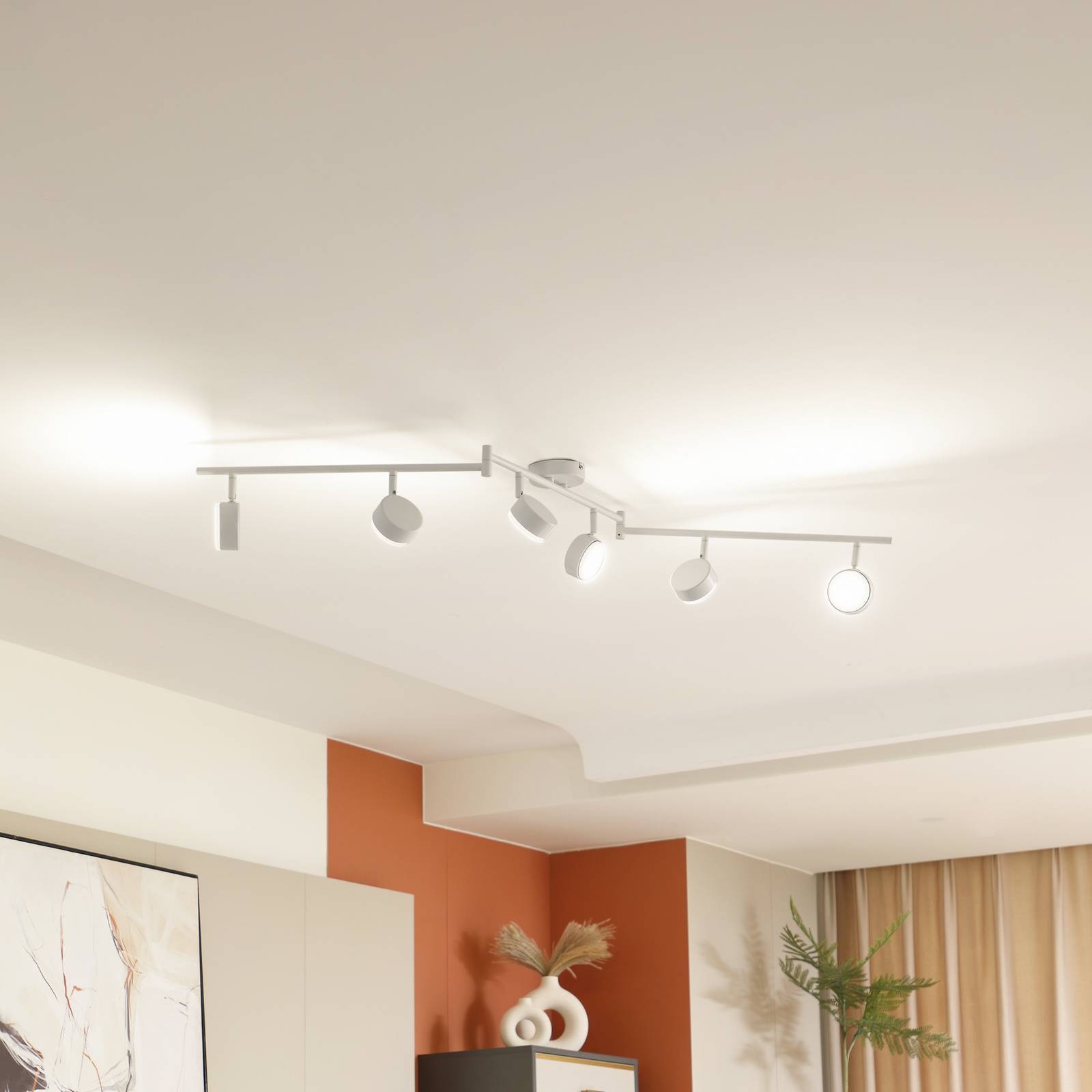 Lindby taklampa Jyla, 6 lampor, matt vit Jyla Lindby, dimbar, Vitt / opal, Arbetsrum / kontor, Metall, Modern, Spotlight