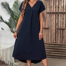 Enfärgad V-ringad Batwing Sleeve Hi-Low Fåll Sommarklänning Lång Klänning Maxi Dam Klänningar - Blå (L,M,S,XL)