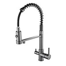 3 way tap kitchen mixer taps with pull out spray tap for kitchen sink with 2 modes spray 360 degree swivel spout dual handles spiral kitchen mixer tap gun grey