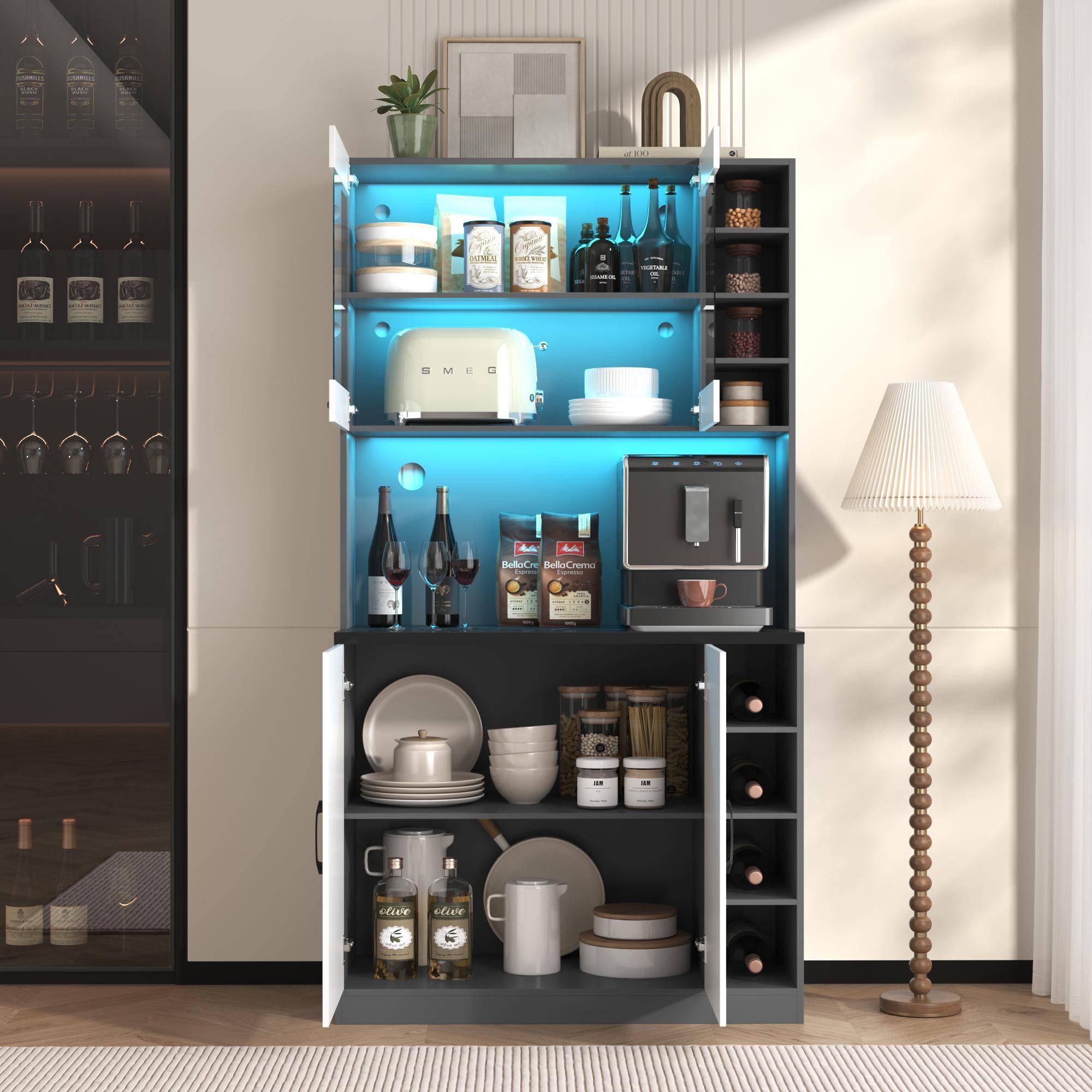 Tall Kitchen Cupboard with LED Lighting and Generous Storage, Freestanding Pantry with Microwave Shelf, 100L x 47W x 187H cm, White+gray Aosom UK