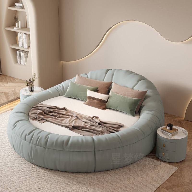 Princess Bed Luxury Hotel Large Round Bed Round Technology Fabric Bed - 2.2 meters + latex spring folding pad + 1 bedside table for double (soft mattress)