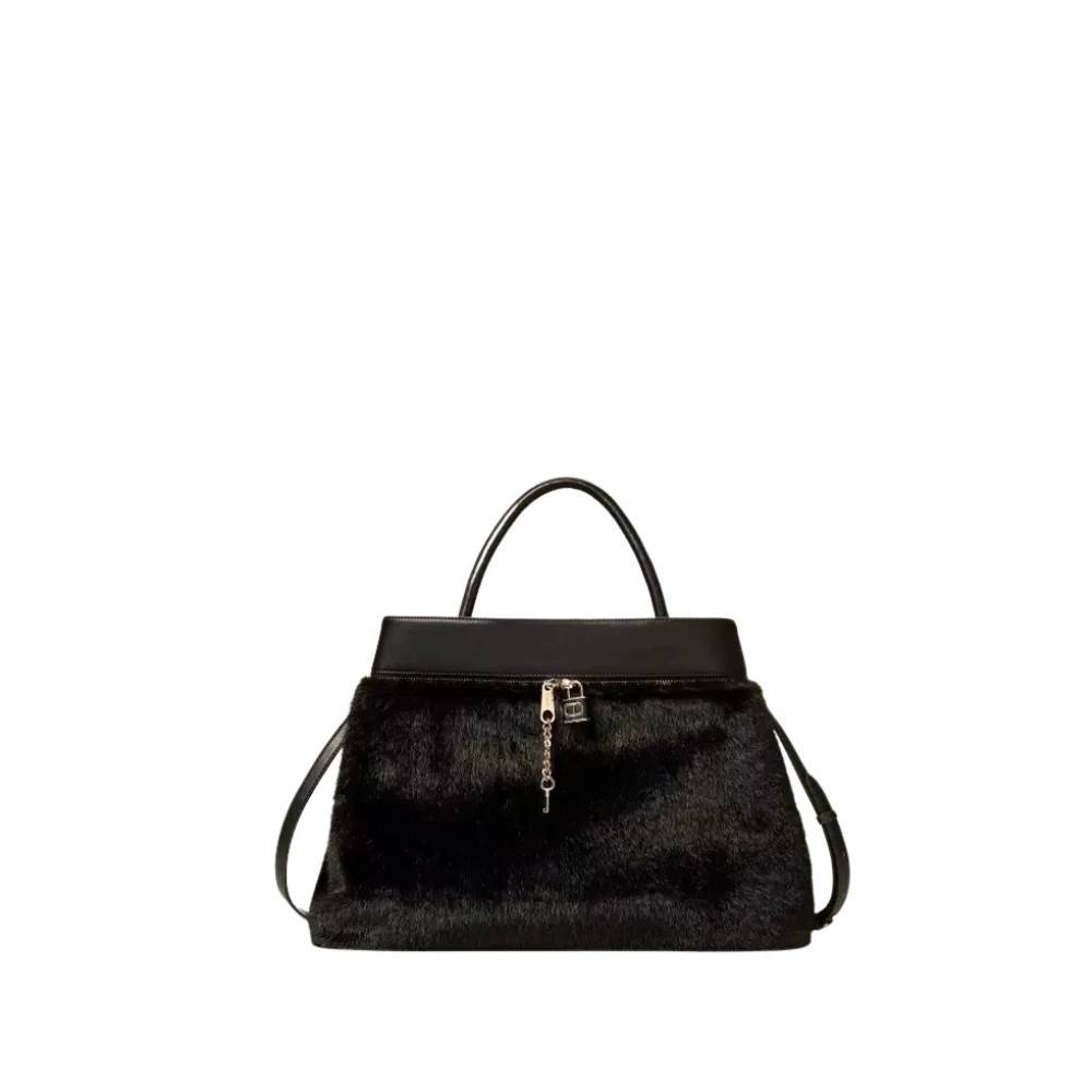 Twinset Pels Shopper Taske med Lås - Tasker - Dame - Sort - ONE SIZE - Polyester