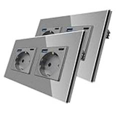 2-pack CNBINGO Glasvägguttag med USB-portar (typ C och typ A, totalt 3,1 Amp) – designat vägguttag med skyddskontakt, vägguttag med glasram – kontakt med USB-uttag, infällt, grått