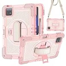 för Xiaomi Pad 6/Pad 6 Pro 11 tum 2023 fodral, slitstark helkropp stöttåligt skyddande fodral med roterande stativ, hand/axelrem för Xiaomi Pad 6 11 tum, rosa